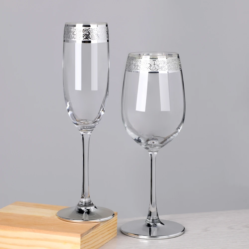 Silver Trim Platinum Rim Lead Free Crystal Champagne Flute Brandy Snifter Collins Old Fashioned Wine Glass Goblets Set