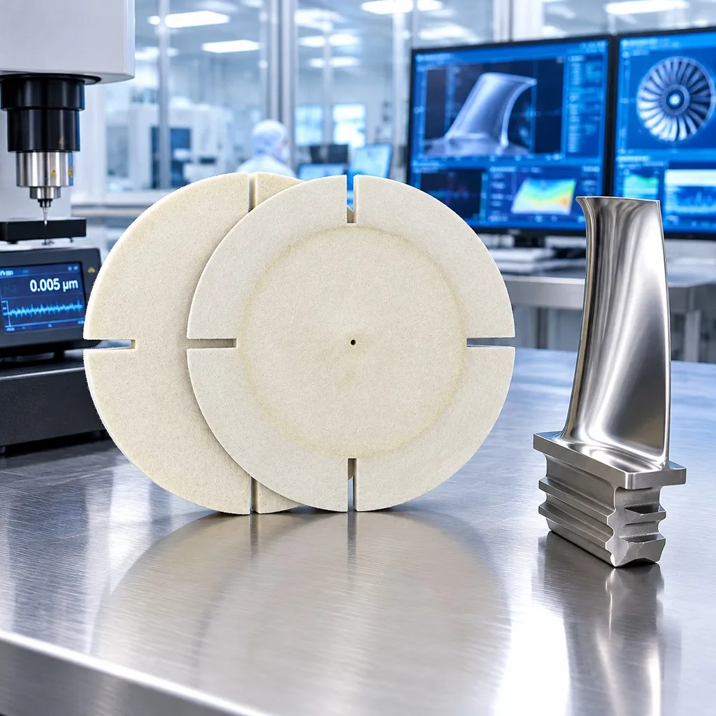 100% Wool Split Lap Disc in Aerospace Metrology Lab with Turbine Blade and Ra 0.005um Profilometer