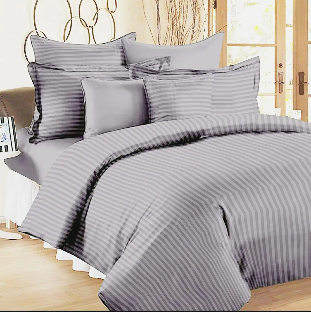 Best Selling Deep Blue Satin Stripe 300 Tc Kingsize Bedsheet With 2