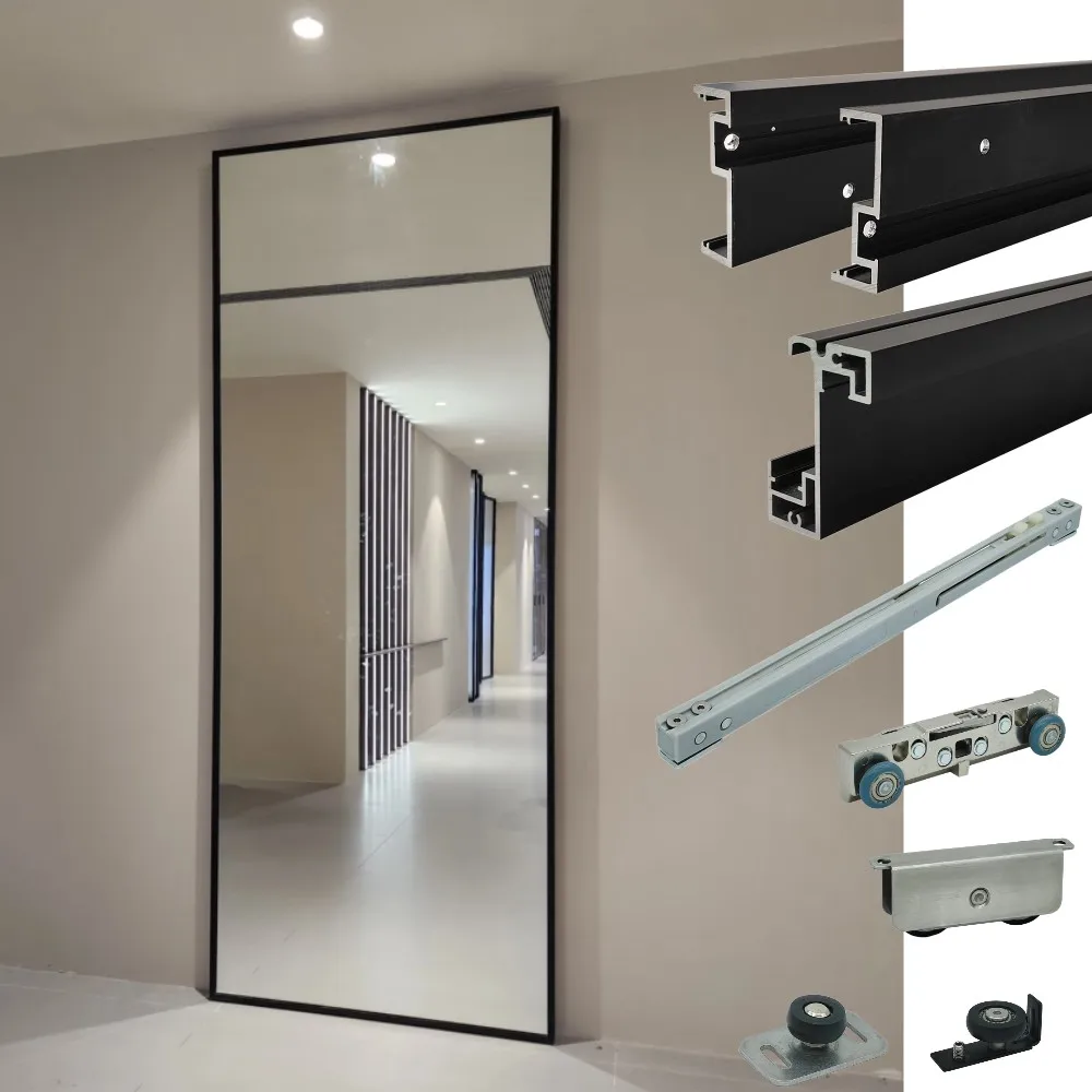 Slim Frame Trackless Ghost Gate Hardware Kits Home Kitchen Sliding Door Save Space Glass Mirror Magic Door System
