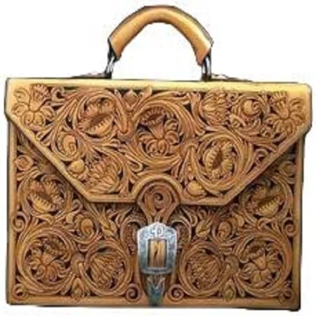 Handmade Antique Finish Leather Western Briefcase With Floral Border