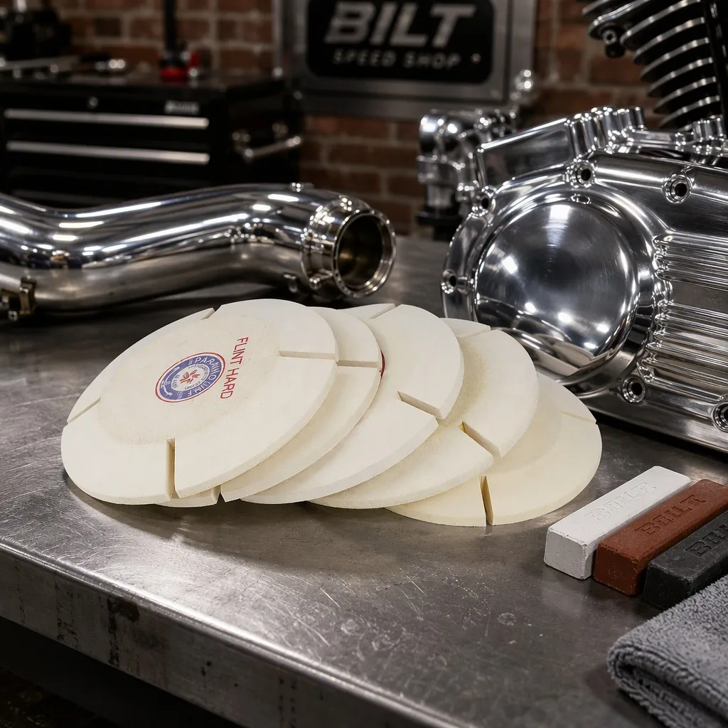 Flint Hard Wool Split Lap Discs in Automotive Speed Shop for Chrome Engine Casing and Exhaust Polishing