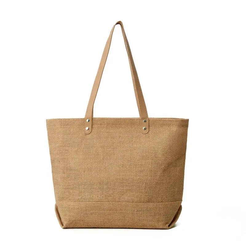 Eco Recycle Shoulder Leather Handles Jute Shopping Gunny Burlap Bag Wholesale