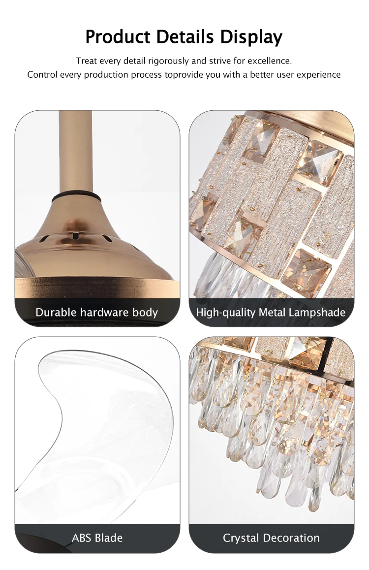 Y262 Luxury 42 Inch Ceiling Fan Light Gold Crystal Retractable Fan Light and Remote Control Invisible European LED Fan Light