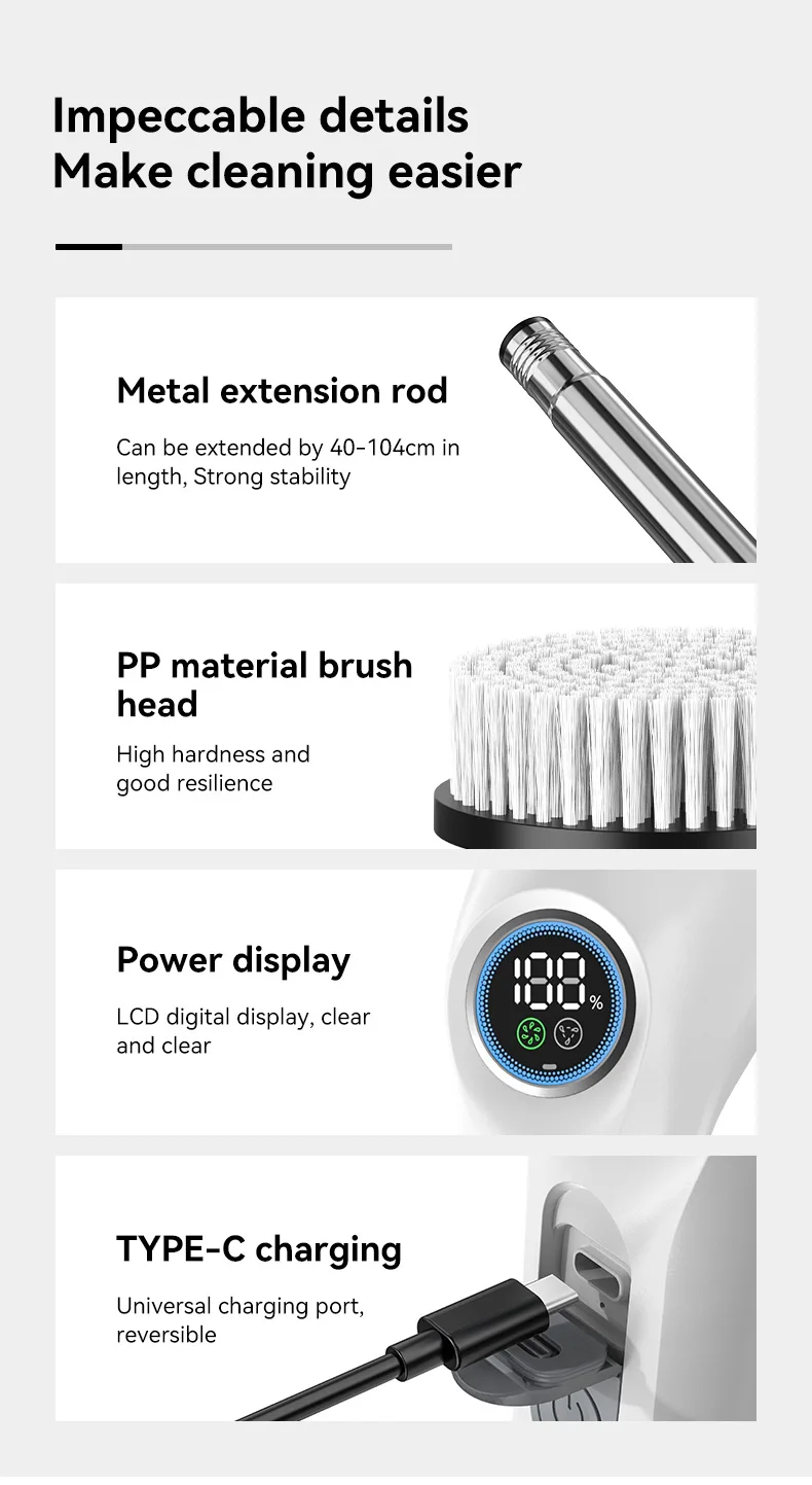 2024 A12 New Cordless Voice Prompt 2500mAh Cordless Electric Spin Scrubber Electric Brush For Cleaning