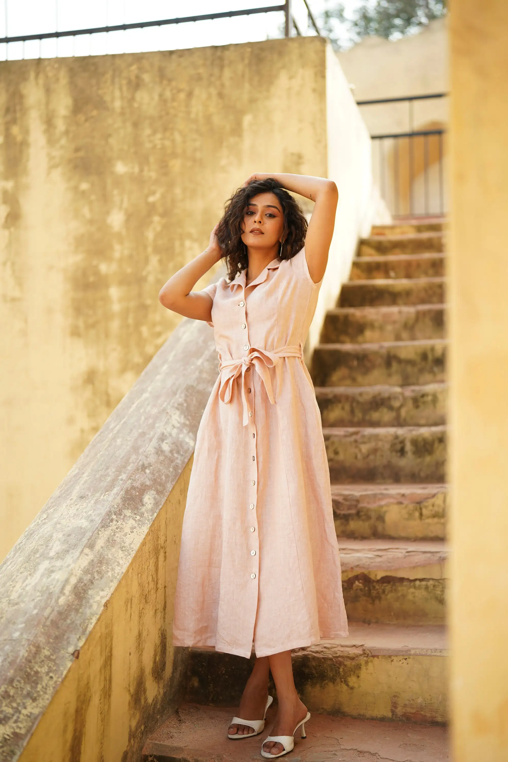 light pink linen dress Wrap - Linen Maxi Dress in Cream - Short Sleeve Summer Linen Dress - Long Linen Dress with Pockets Recycled Polyester98% Washing method ELLE Dress pink