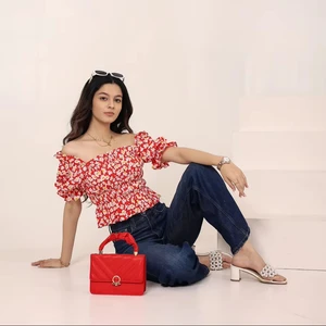 Floral Print Off-Shoulder Tank Top Red White Lightweight Linen/Cotton Summer Top Eco-Friendly Breathable Fabric Elegant Sweet