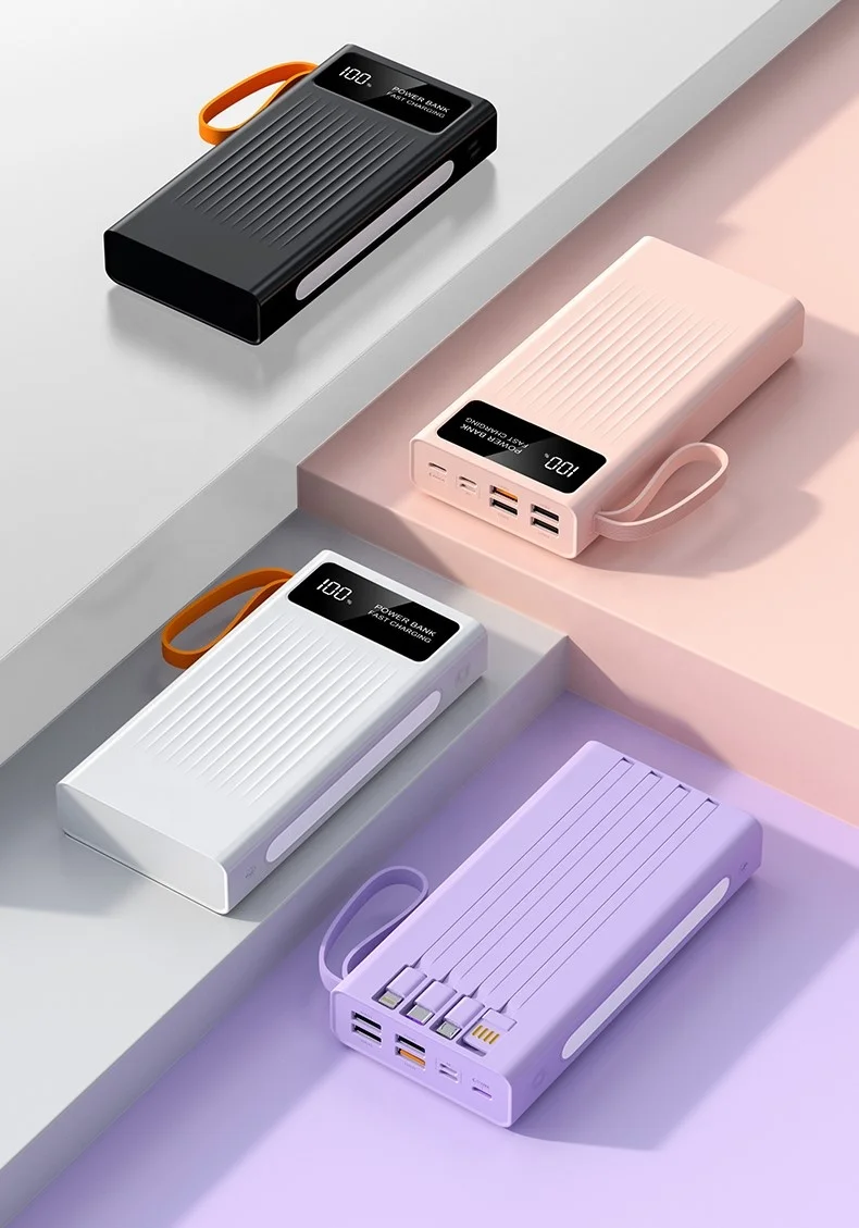 PD20W hot sales 66W Fast Charger Power Bank with LED light 30000mAh Built in Cable Power Bank