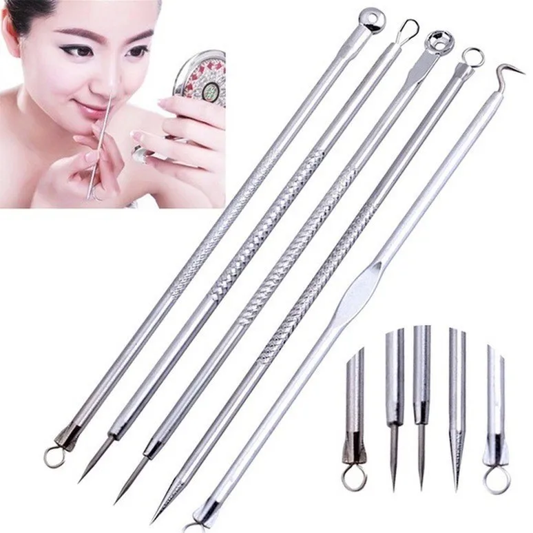 Set of 5 Comedone Extractors for Blackhead and Blemish Aesthetician Approved Pimple and Whitehead Facial Acne Tools-with Case
