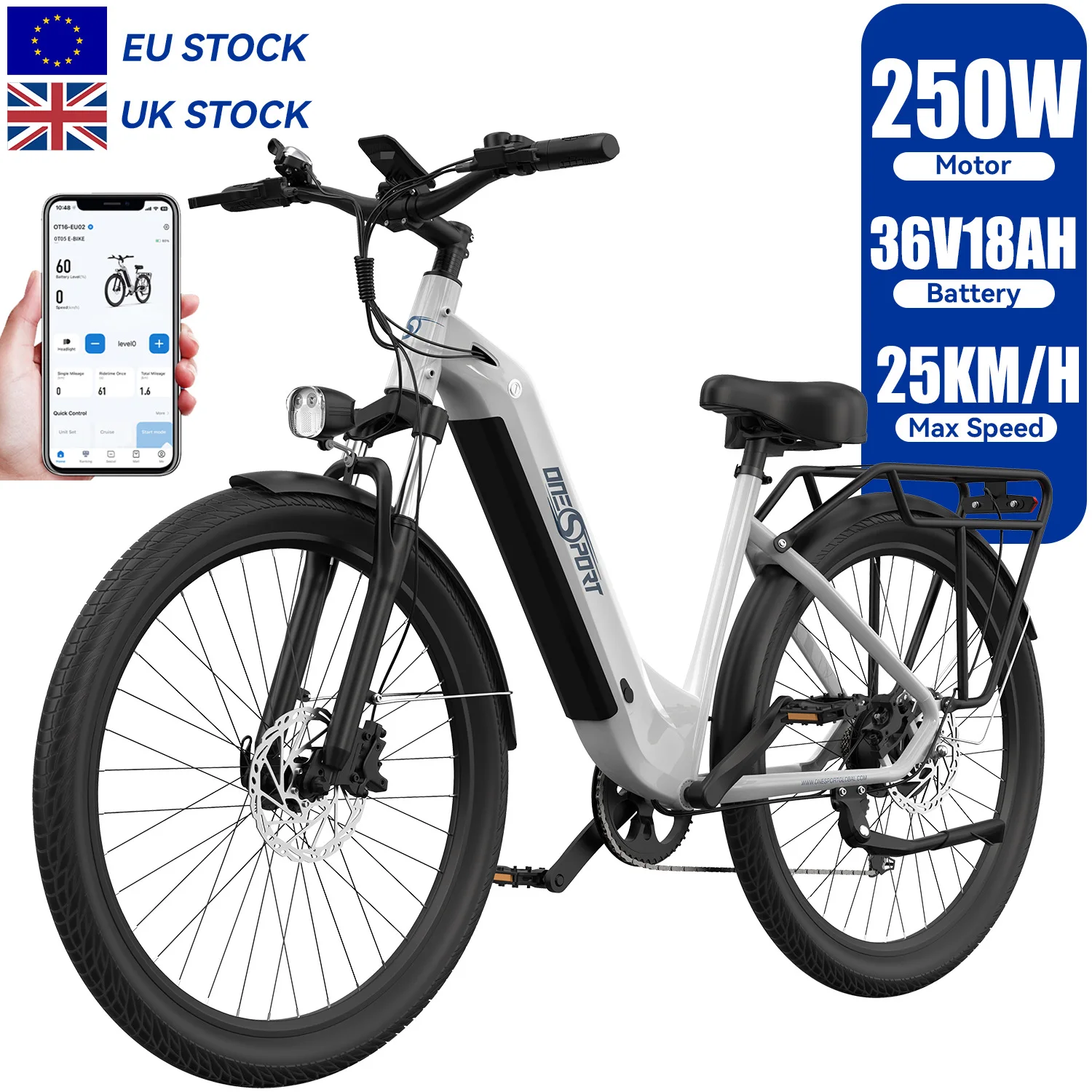 ONESPORT OT05 Cheap Adult Hybrid Electric Road City EBike 36V 18.2AH 250W Lithium Battery with 7 Speed Sensor UK EU Warehouse