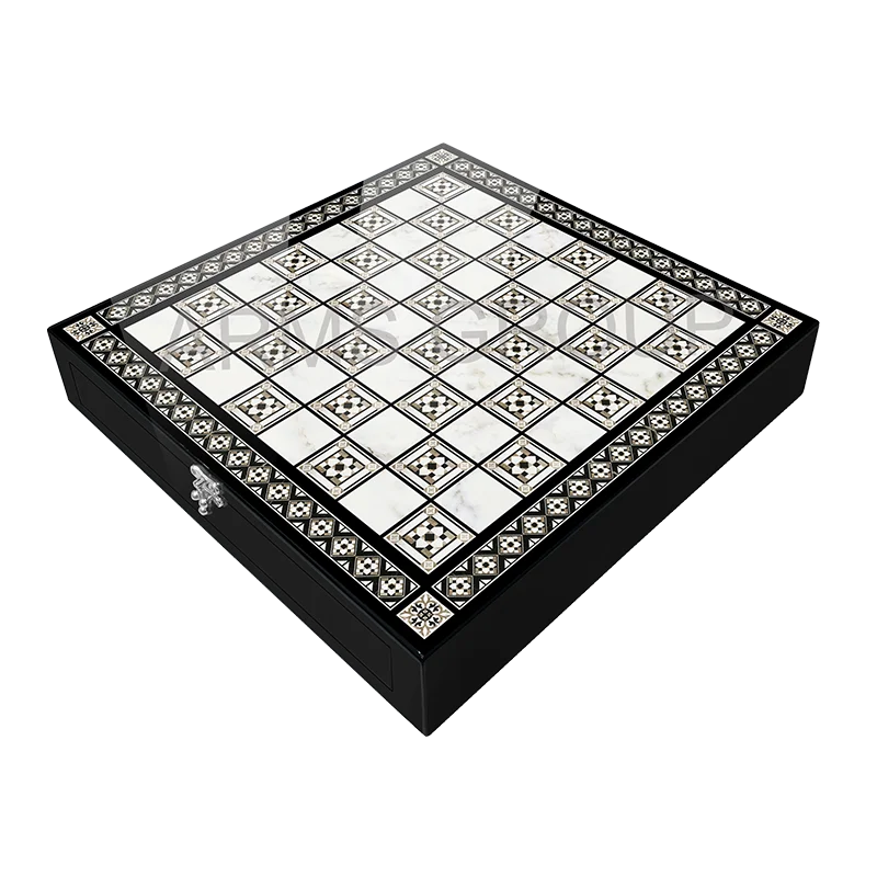 4 Q Staunton MODERN BERLINER Wood Chess Set 18" Black White Faux Leather Board