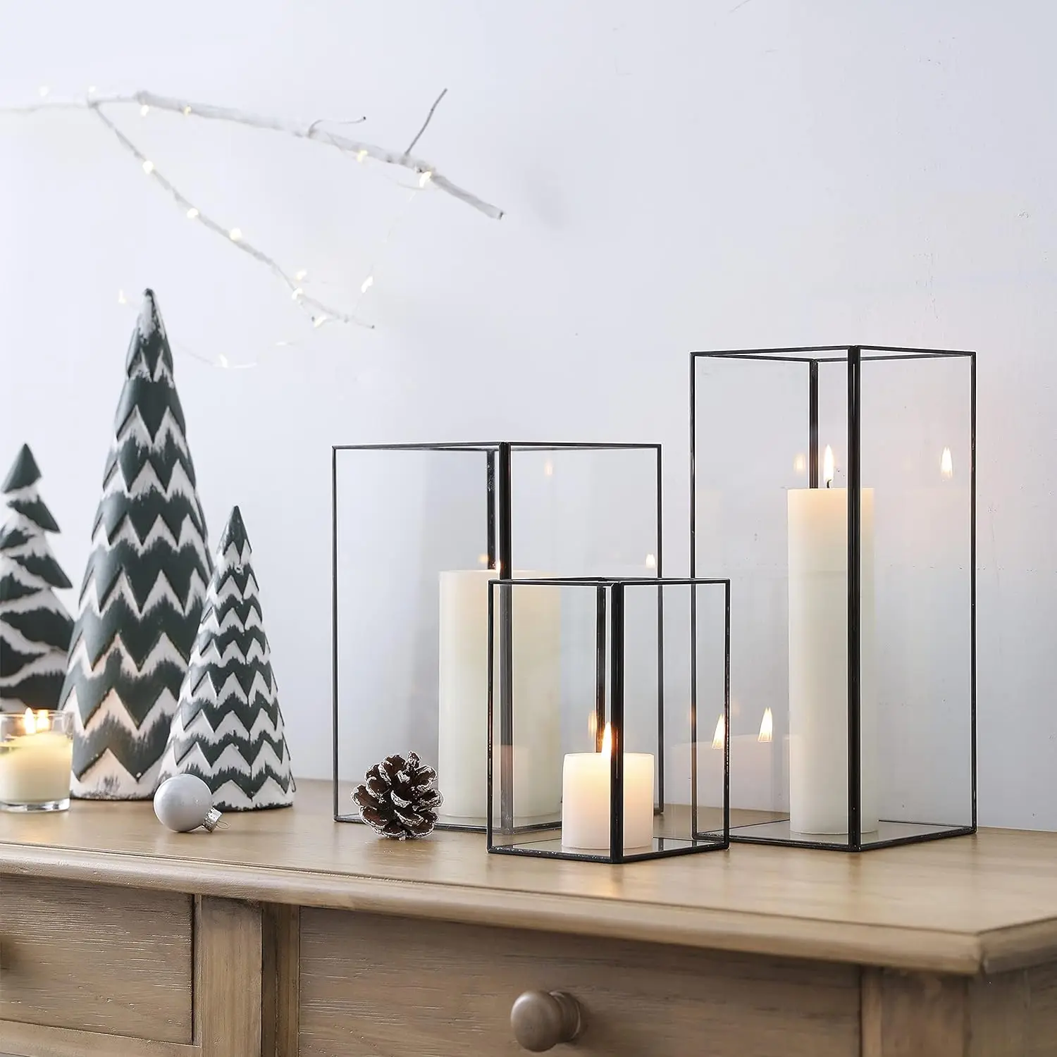 Modern Square Hurricanes Candle Holders Set 3 Pieces Transparent Glass Metal Black Border Eco-Friendly Easter Handmade Home