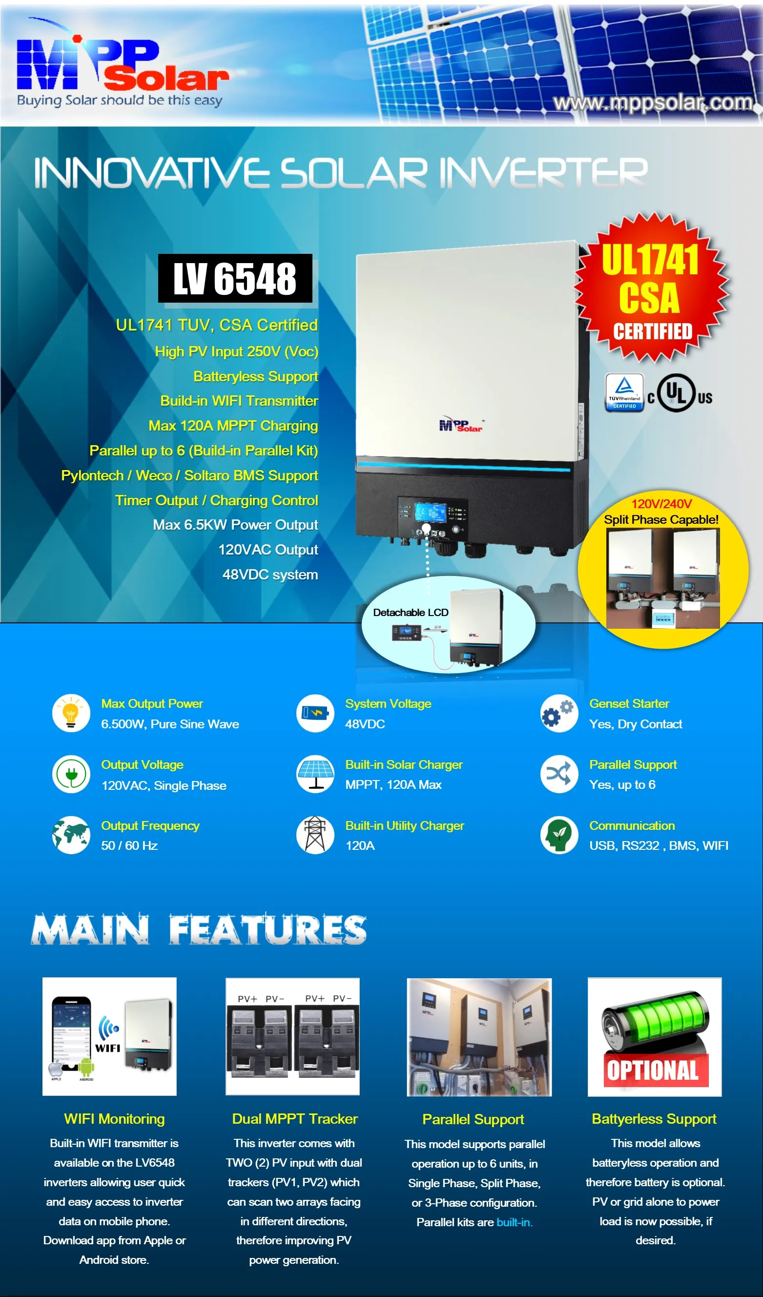 Split Phase 13kw 48v Mpp Solar Inverter Dual Mppt Solar Charger 120a