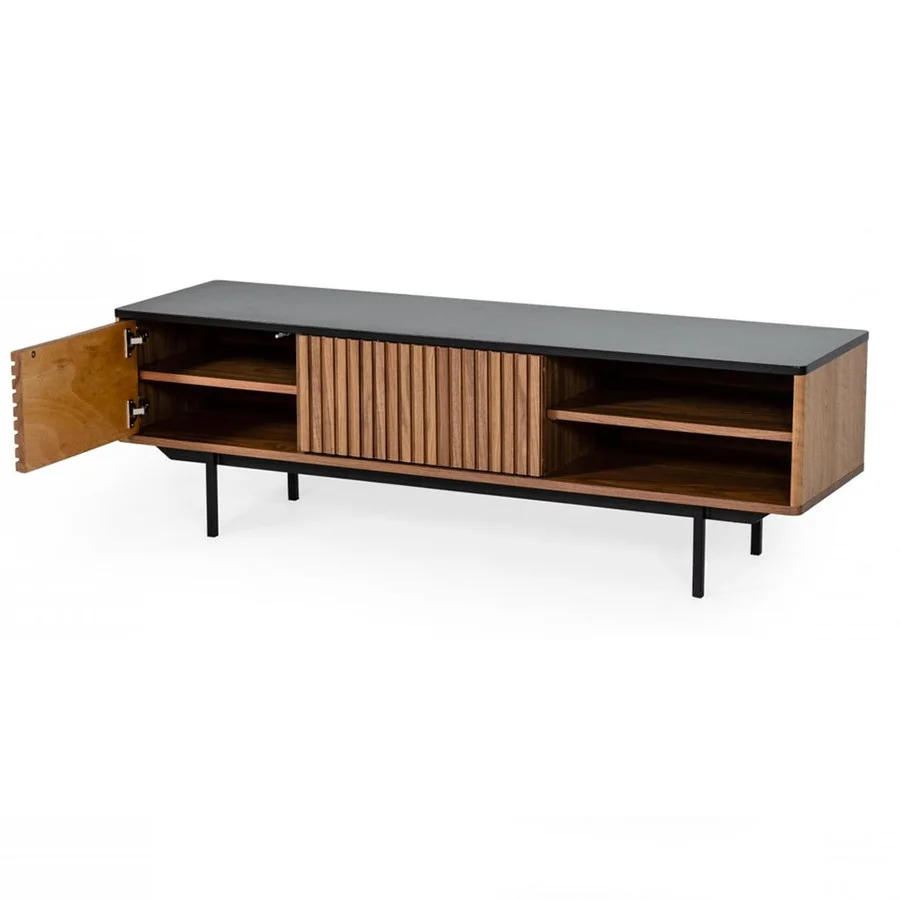 Modern Luxury European Wooden Walnut Color Tv Stand With Fluted