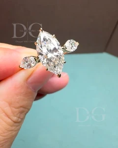 Handmade IGI Certified 3 CT Marquise Cut Moissanite 8-Claw Prong Set Three Stone Engagement Wedding Anniversary Gift Ring 14K