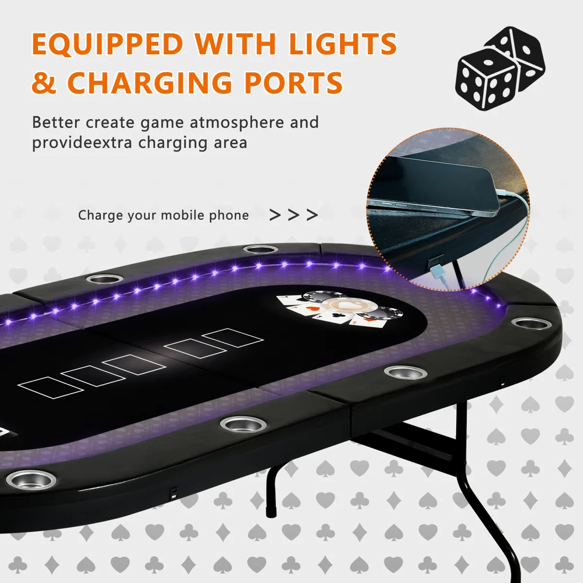 84インチ 10人用 折りたたみ式 LEDポーカーテーブル、USBポート2つ