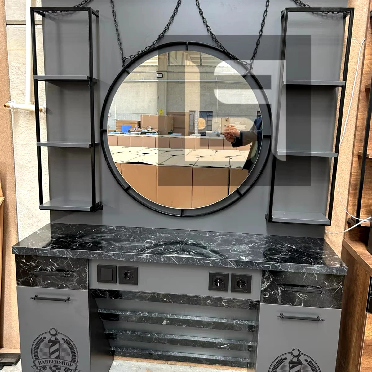 Modern Commercial Salon Barber Station Wooden Storage Mirror Glass Black/Grey Finish Hair Wash Sink Dining Outdoor Hotel Gym