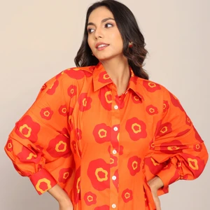 The Mesmerizing Orange Floral Printed Relaxed Shirt With Attached Belt Tie in Back Dress for Women and Girls Available Big Size
