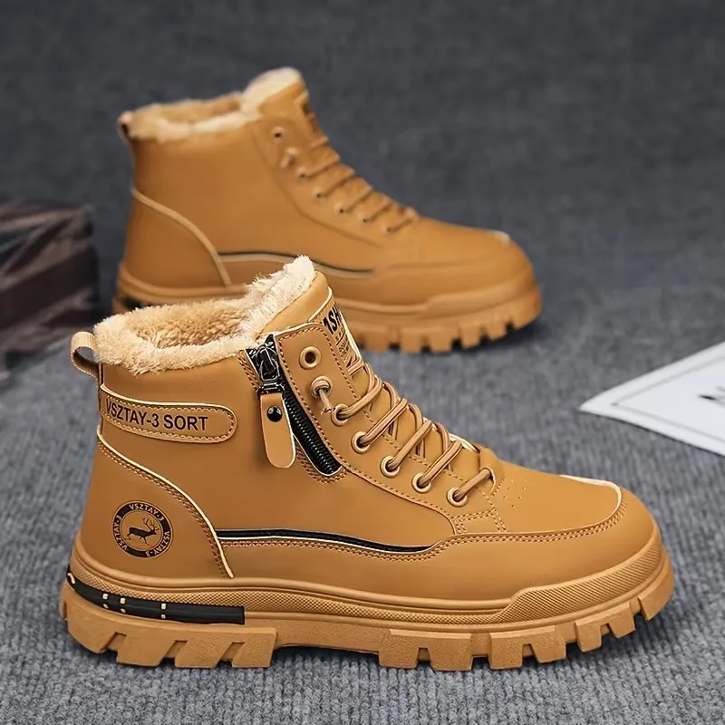 A pair of tan snow boots