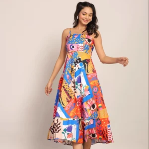 Classic Multicolor Bust Fitted Geometric Printed Short Dress Fionna Georgette One Piece Dress in Knee Length Available Big Size