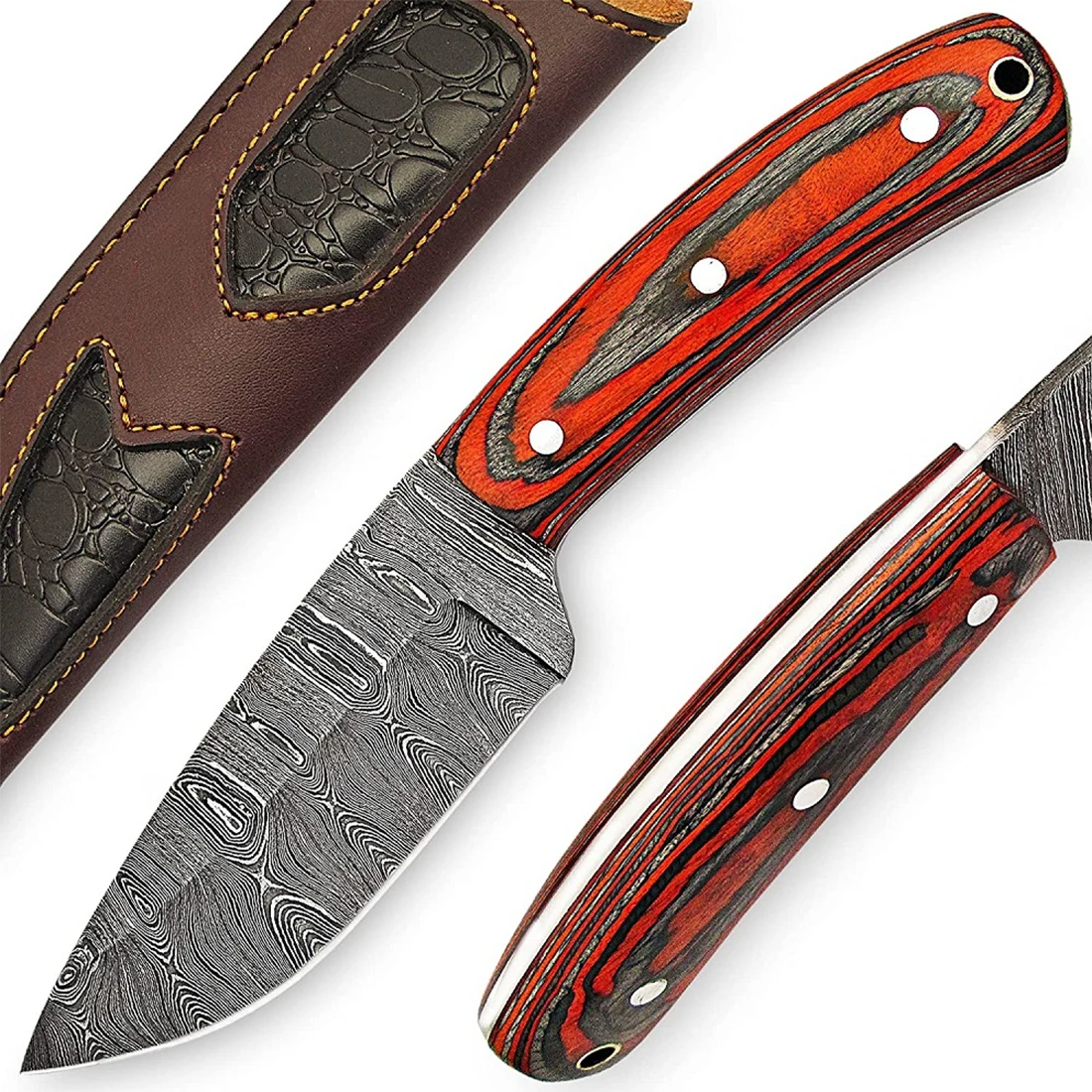 Handmade Damascus Steel Knife Resin And Bull Horn Handle With Leather