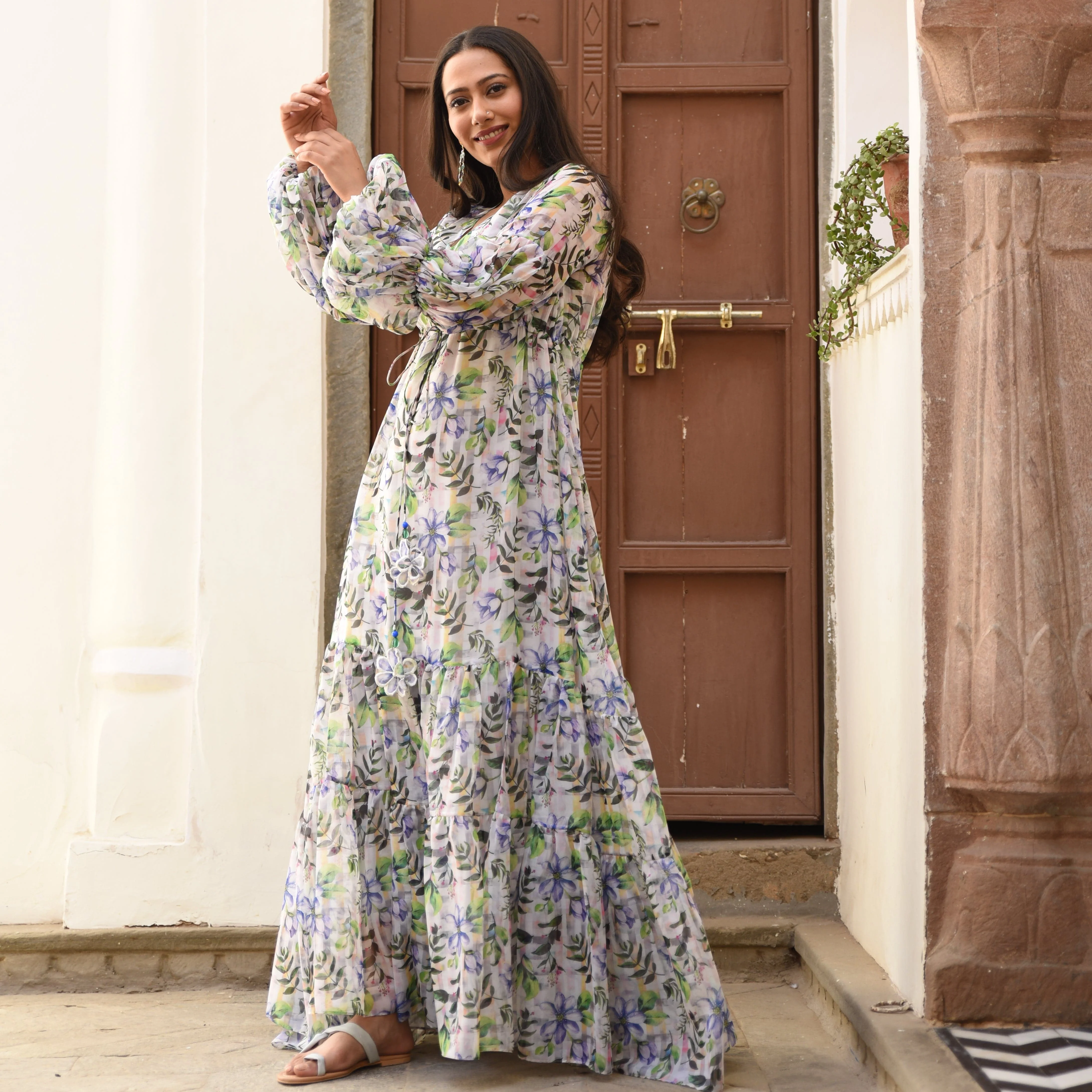 Indian Floral Print Long Sleeve V-Neck Maxi Dress for Women Casual Vintage  Style with Sexy Pattern Cloth Fabric| Alibaba.com