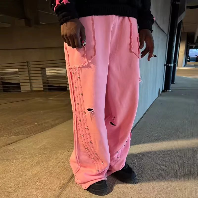 Custom Reverse Stitching Men's Oversized Rhinestone Distressed Wide Leg Baggy Side Stripe Stacked Jogger Sweatpants Man gallery 2