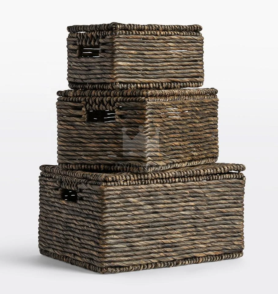 Water Hyacinth Rectangular Black Storage Basket With Lids Water