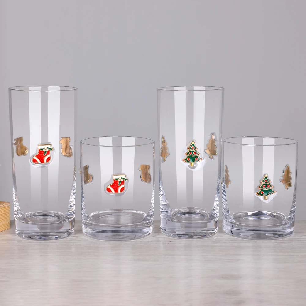Metallic Affixed 3D Decorative Enamel Emblem Icon Attached Red Wine Drinking Champagne Flute Rocks Highball Collins Glass