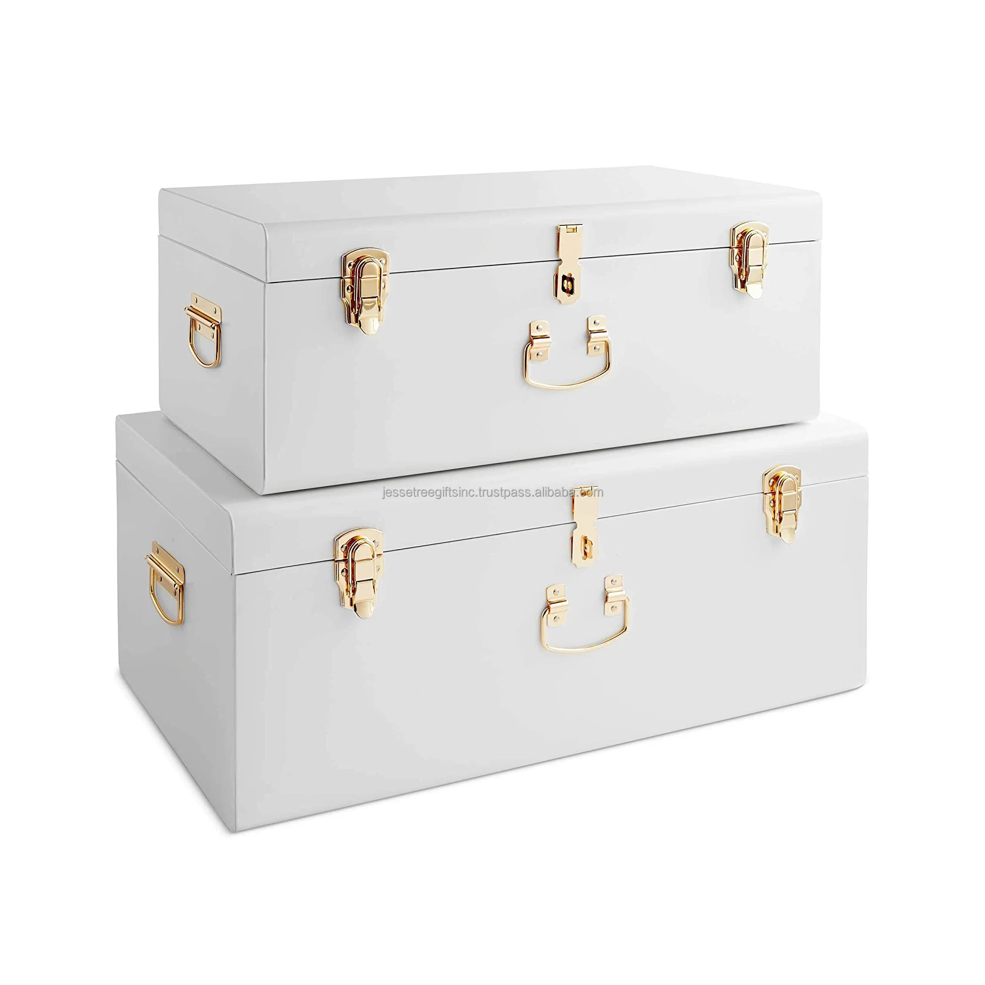Metal Sheet Home Storage Trunk With White  Powder Coating Finishing With Two Golden Lock & Handle for Organizer Set of 2