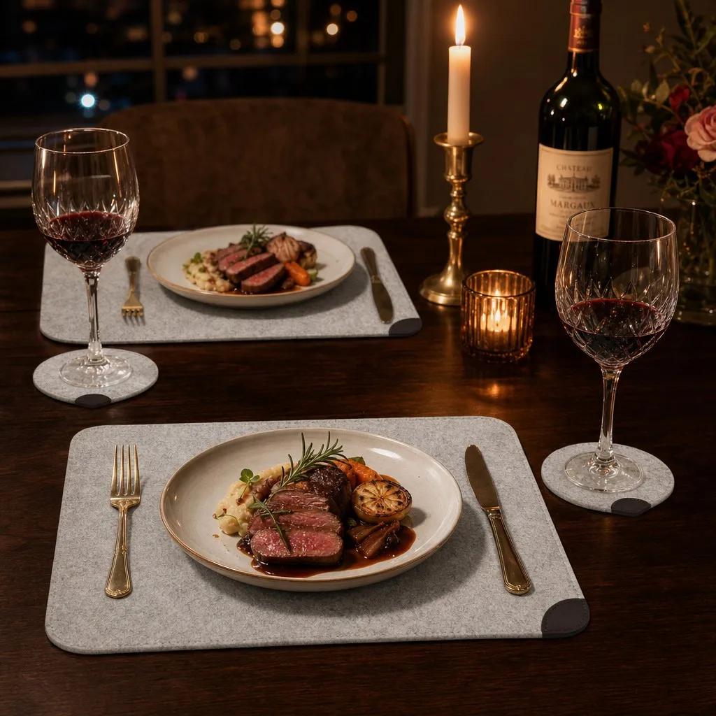Dinner table with wine glasses resting on the felt placemat and round felt coasters
