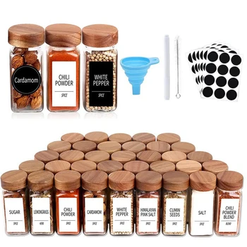 24 Pcs Clear Glass Empty Square Spice Bottle Jars With Bamboo Wooden Lids Seasoning Jar Shaker 4 oz 120ml Spice Jars with Label