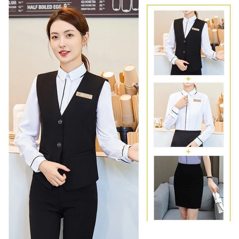 Hotel Uniform Front Office Reception Receptionist Lobby Long Sleeved Top Shirt Vest Pants Unisex Hotel Uniform