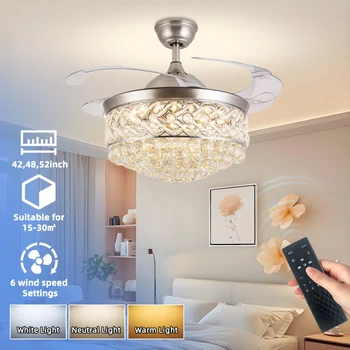 Modern Design Dimmable LED Ceiling Fan Light Invisible Retractable Chandelier for Bedroom Outdoor Use Remote Control Low Watt