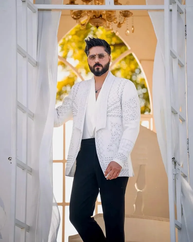 White pearl work Hand embroidered tuxedo Slim Fit suit For Groom And  Groomsmen Designer Indian wedding suit ivory prom tuxedo