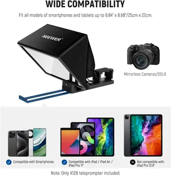 NEEWER Basics X12B Aluminum Alloy Liftable Teleprompter 12" for iPad Tablet Phone DSLR Camera, No Assembly, Remote & App detail image