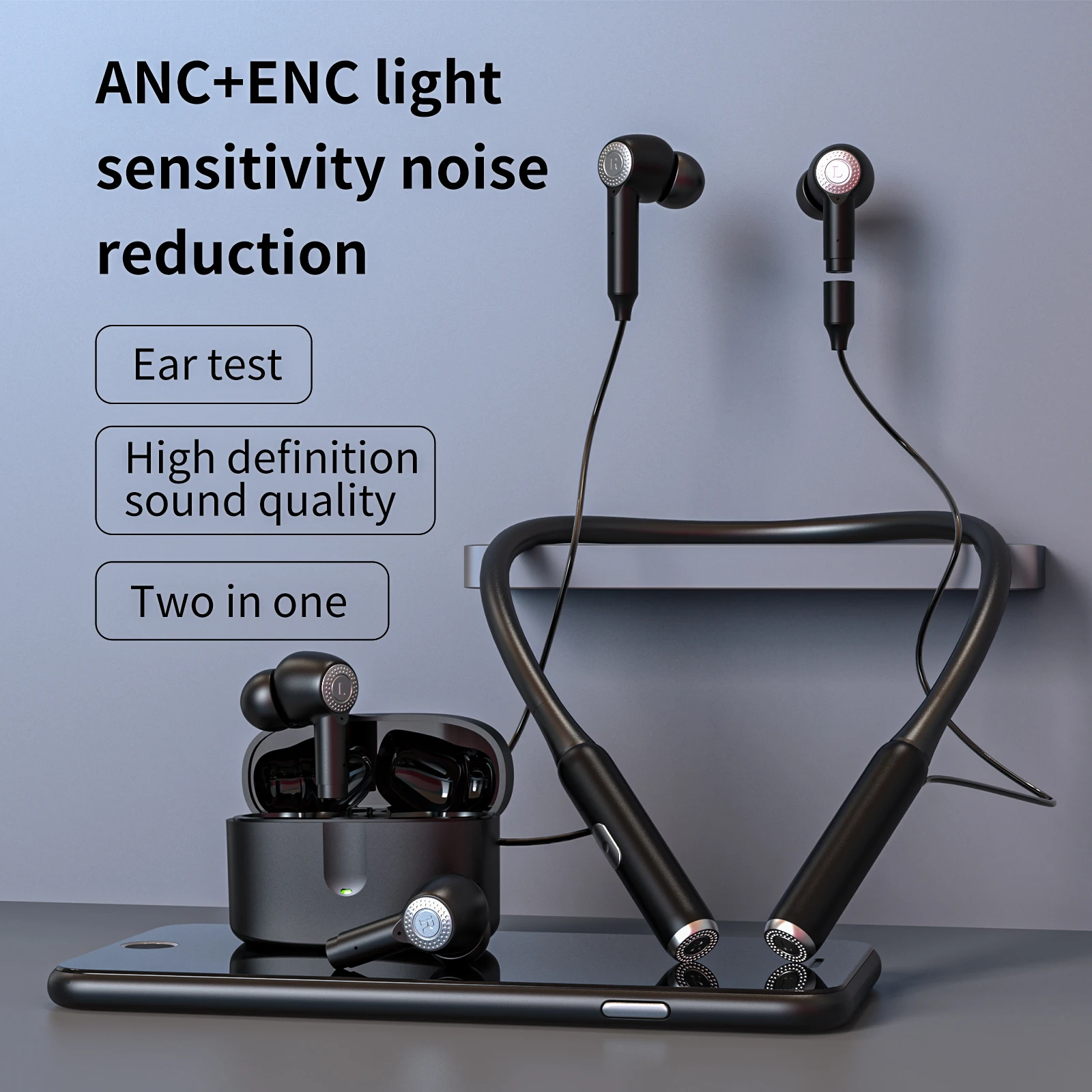 2in1 ANC ENC Noise Reduction Neckband TWS Earphones