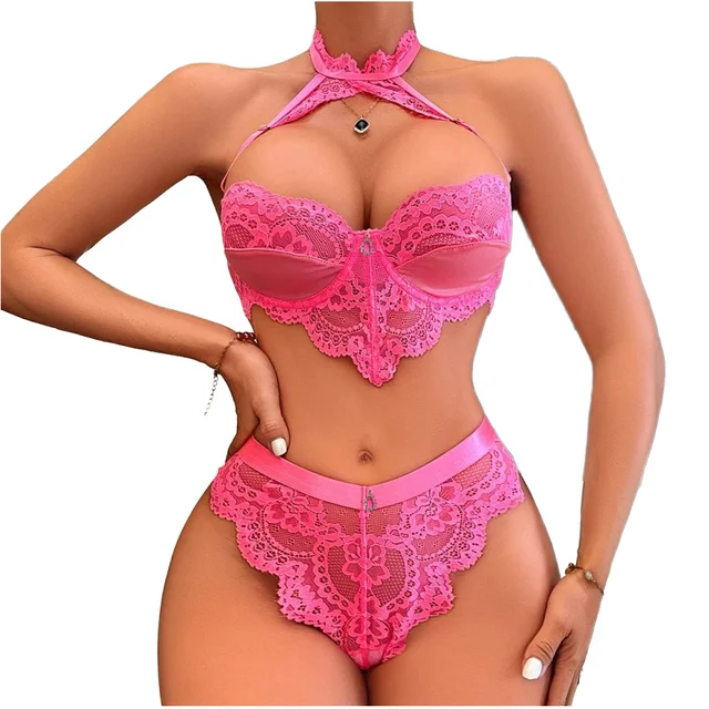 Hot Selling Women's Red Sexy Floral Lace Underwire Lingerie Set Light Control Level