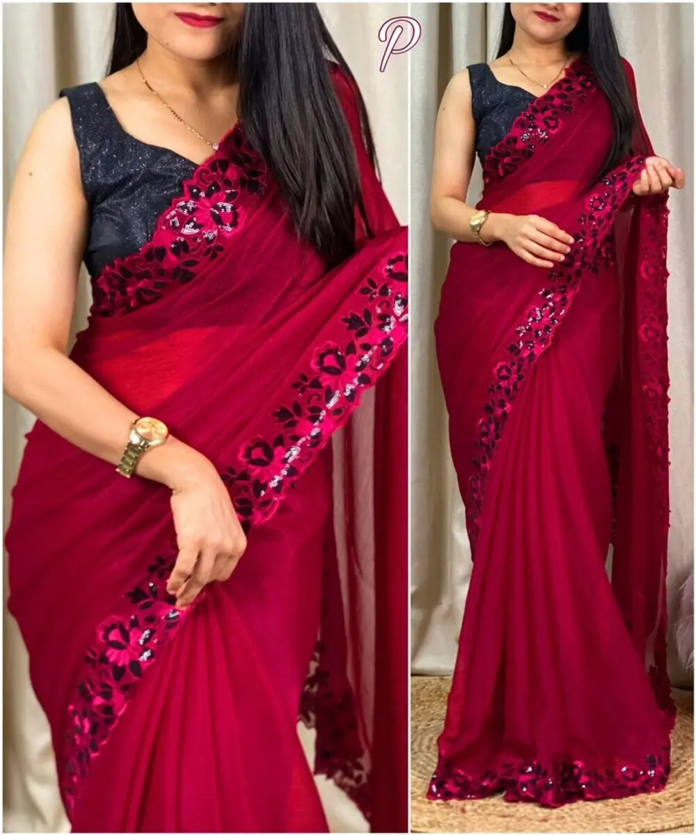 Gorgeous Sequence Work Georgette Embroidered Saree: Make a Statement with Embroidery Stone Work Hand Work Ruffle Sarees