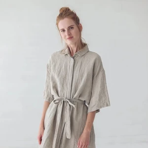 Handmade Linen Shirt Dress Fashion Long Sleeve Casual Dress High Quality Simple Summer Elegant Long Shirt Dress With Waist Belt