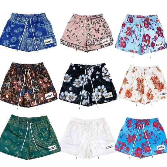 Custom Split Side Pockets Florals Design Vacation Beach Hot Sex Polyester Shorts Unisex Mesh Shorts