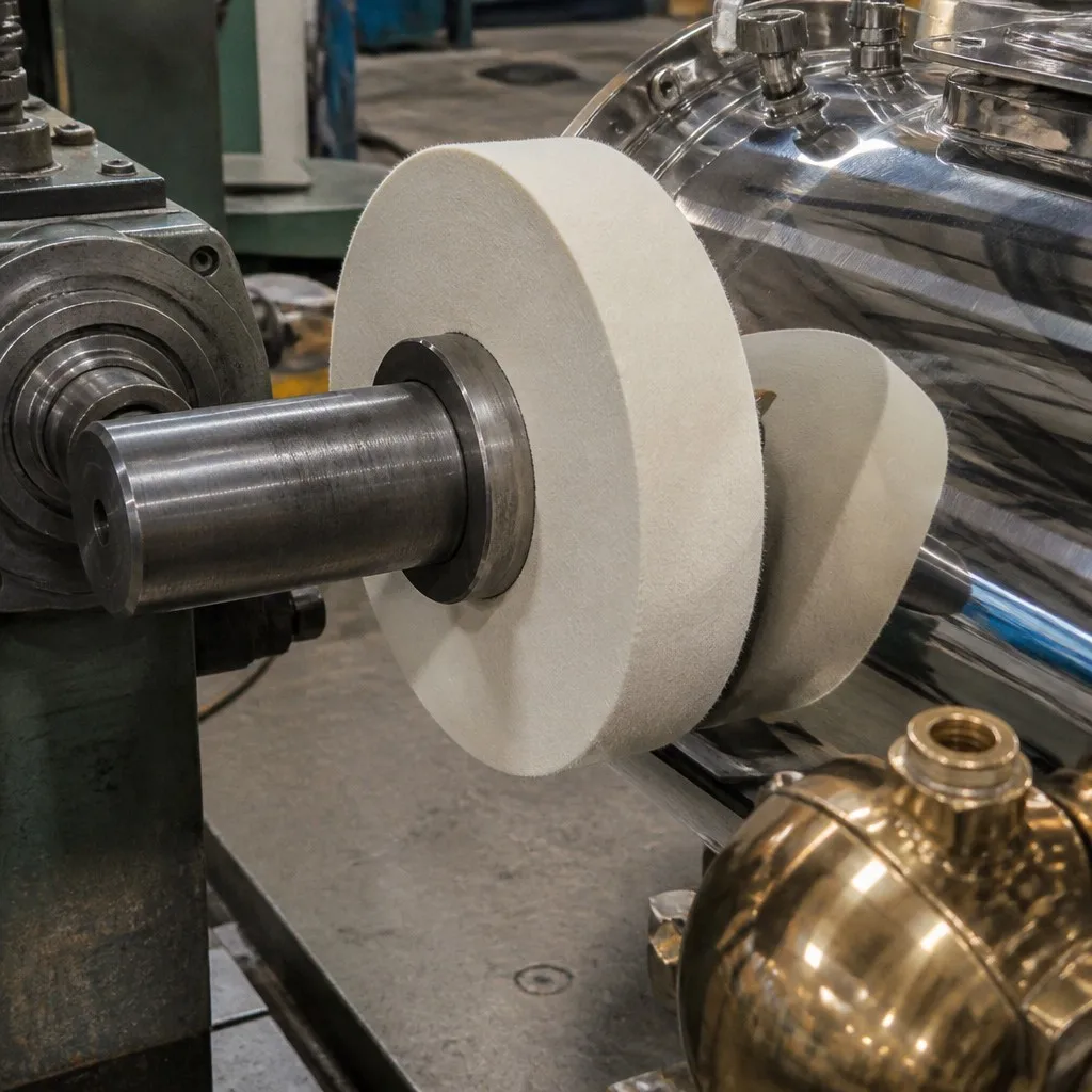 100% Wool Felt Wheel mounted on heavy industrial lathe spindle polishing stainless steel vessel and brass valve