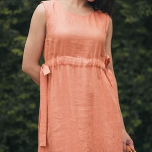 Fancy Linen Sleeveless Square Neck Maxi Dress Breathable Flared Style Available Big Sizes Natural Wholesale Prices Plain Dyed