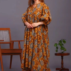 Indian Block Print Maxi Dress for Women Floral Cotton Sustainable for Summer and Autumn Season