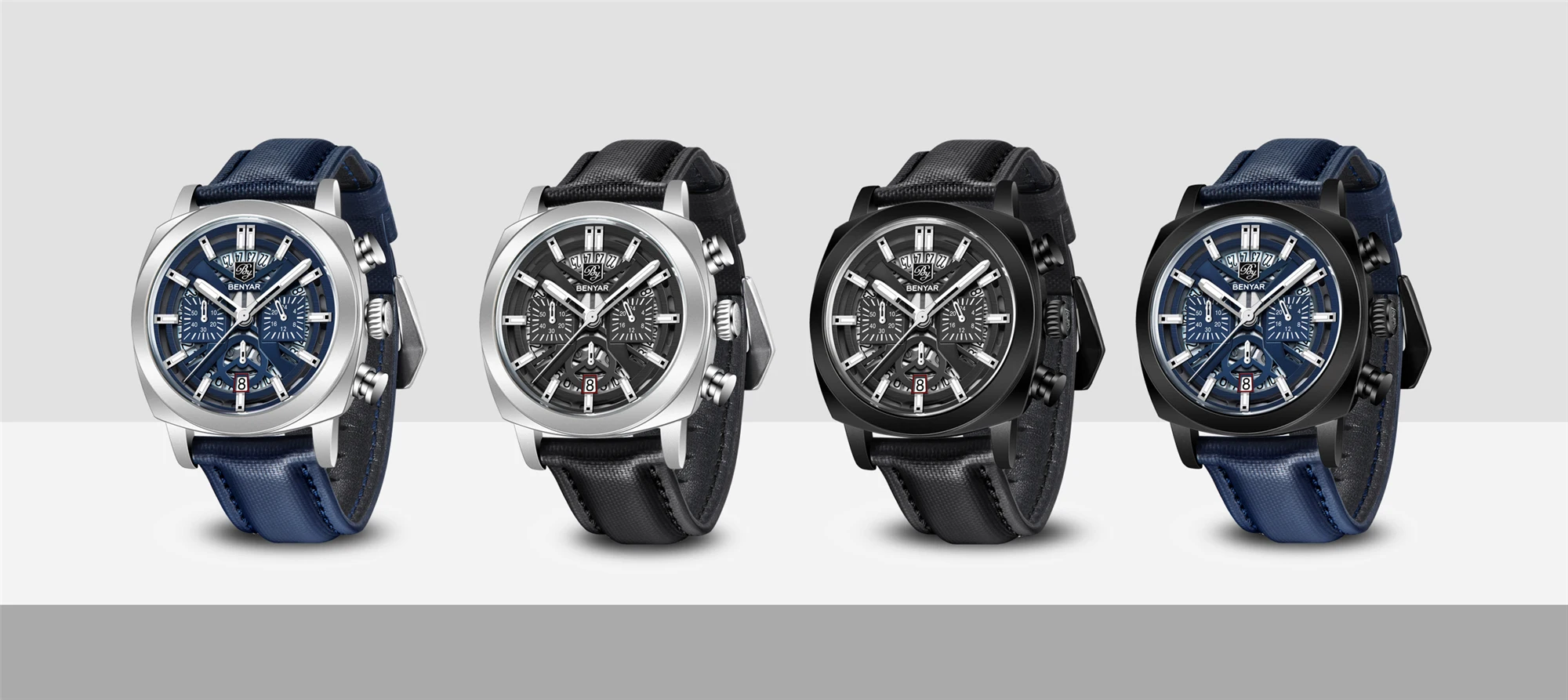 Benyar 5205 New Fashionable 43mm Luminous Dial Men's Quartz Wristwatch Chronograph 50m Waterproof Men's Watch Masculino