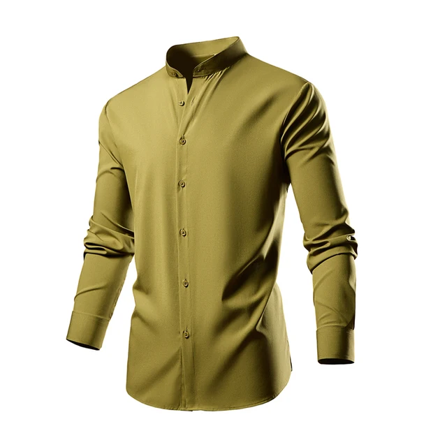 Men's 97% Cotton 3% Spandex Pure Color Long Sleeve Shirts Casual Button Down Stand Up Collar Shirt for Men 1150