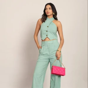 Mint Green Solid Woven Floor-Length Western Co-ord Set for Women Bust Fitted Top Relaxed Pant Button Spring Summer Collection
