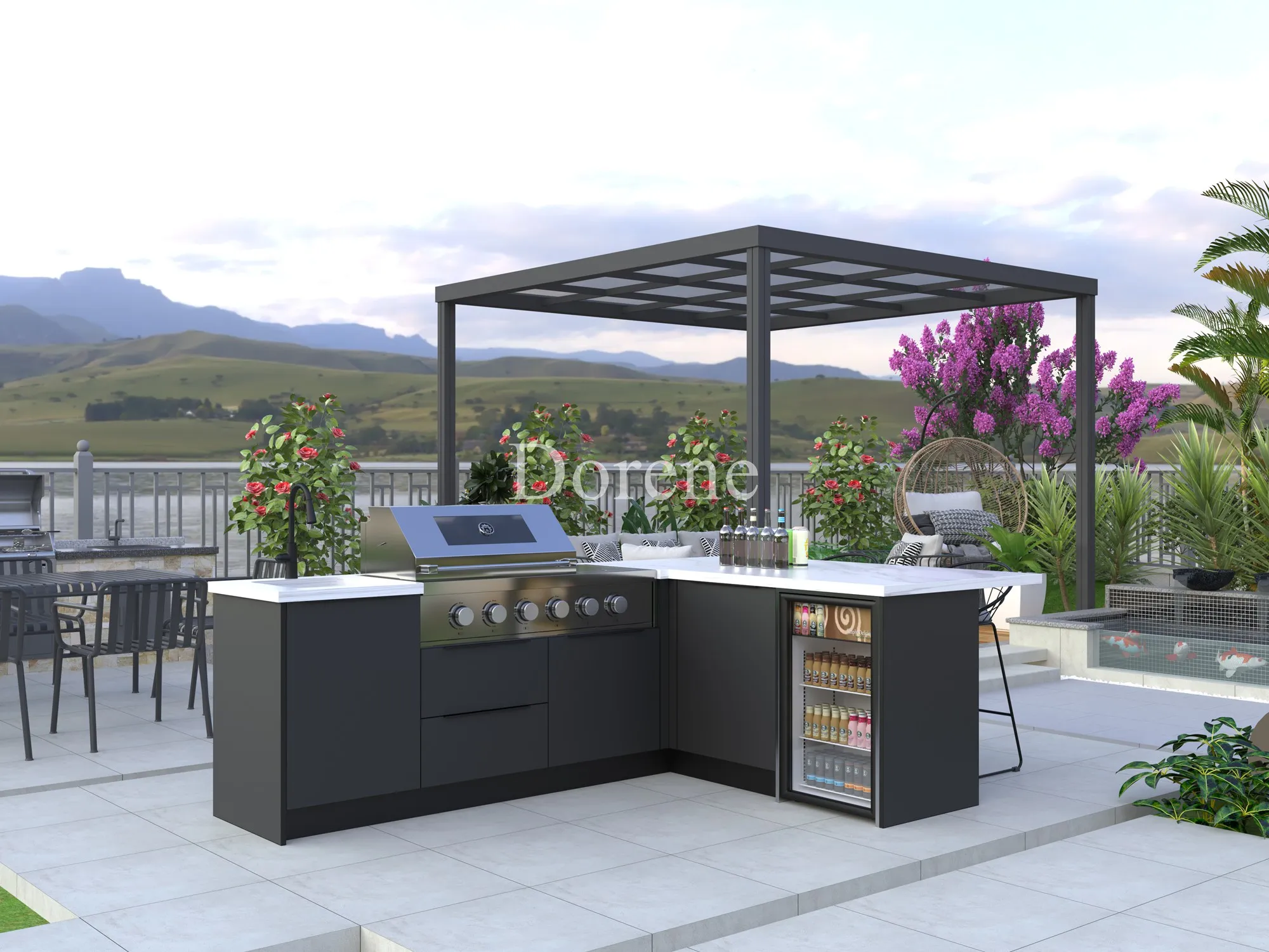 2024 Hot Sale Dorene Commercial 304 Stainless Steel Outdoor Kitchen Cabinet  with Built in Grill Under Pergola