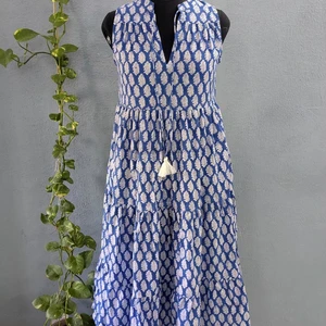 Hand Block Print Cotton Dress Women Cotton Summer Tier Dress V-neck Sleeveless Floral Print Casual Partywear Long Maxi Dress