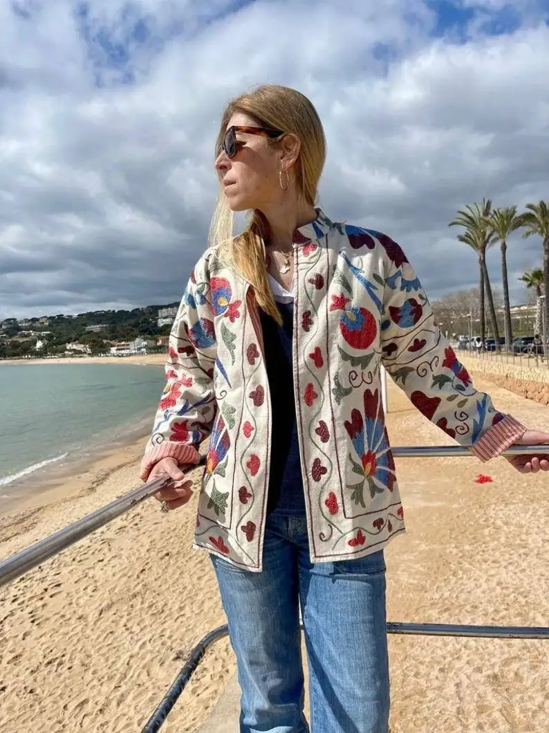 2025 New Women's Suzani Embroidered Vintage Bomber Jacket Long Boho Floral Design Autumn/Winter 100% Cotton Eco-Friendly